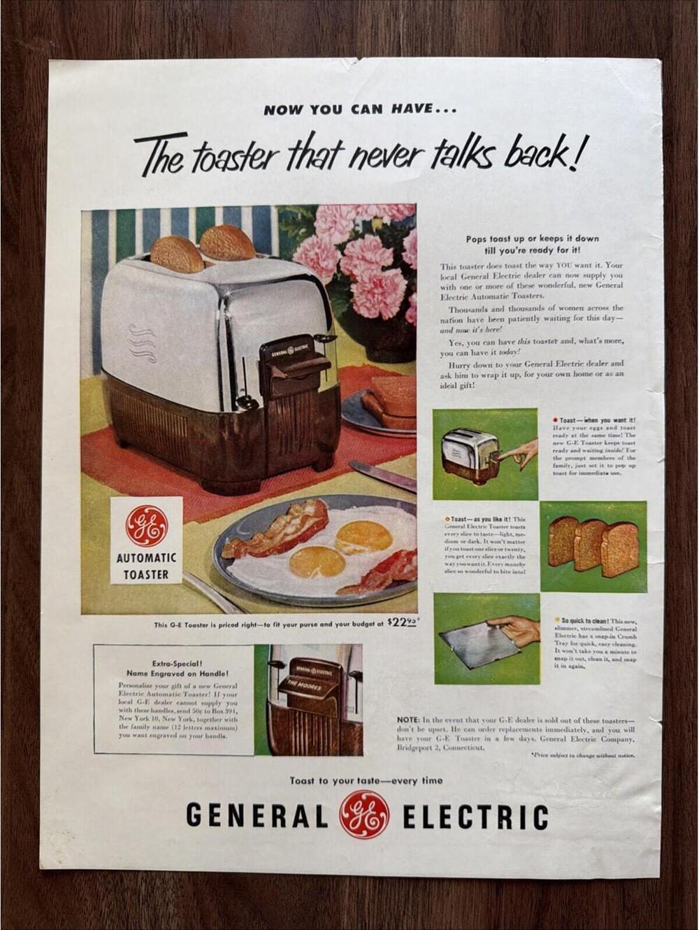 General Electric Automatic Toaster Print Ad Never Talks Back Bread Eggs Bacon 52